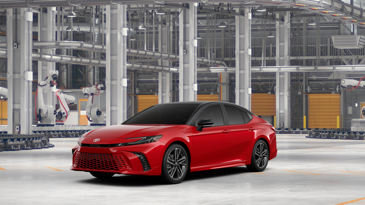 2026 Toyota Camry XSE in Supersonic Red With Midnight Black Metallic Roof — front three-quarter view