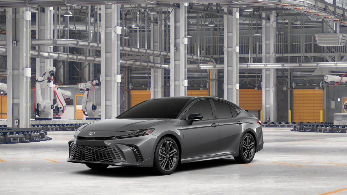 2026 Toyota Camry XSE in Heavy Metal With Midnight Black Metallic Roof — front three-quarter view